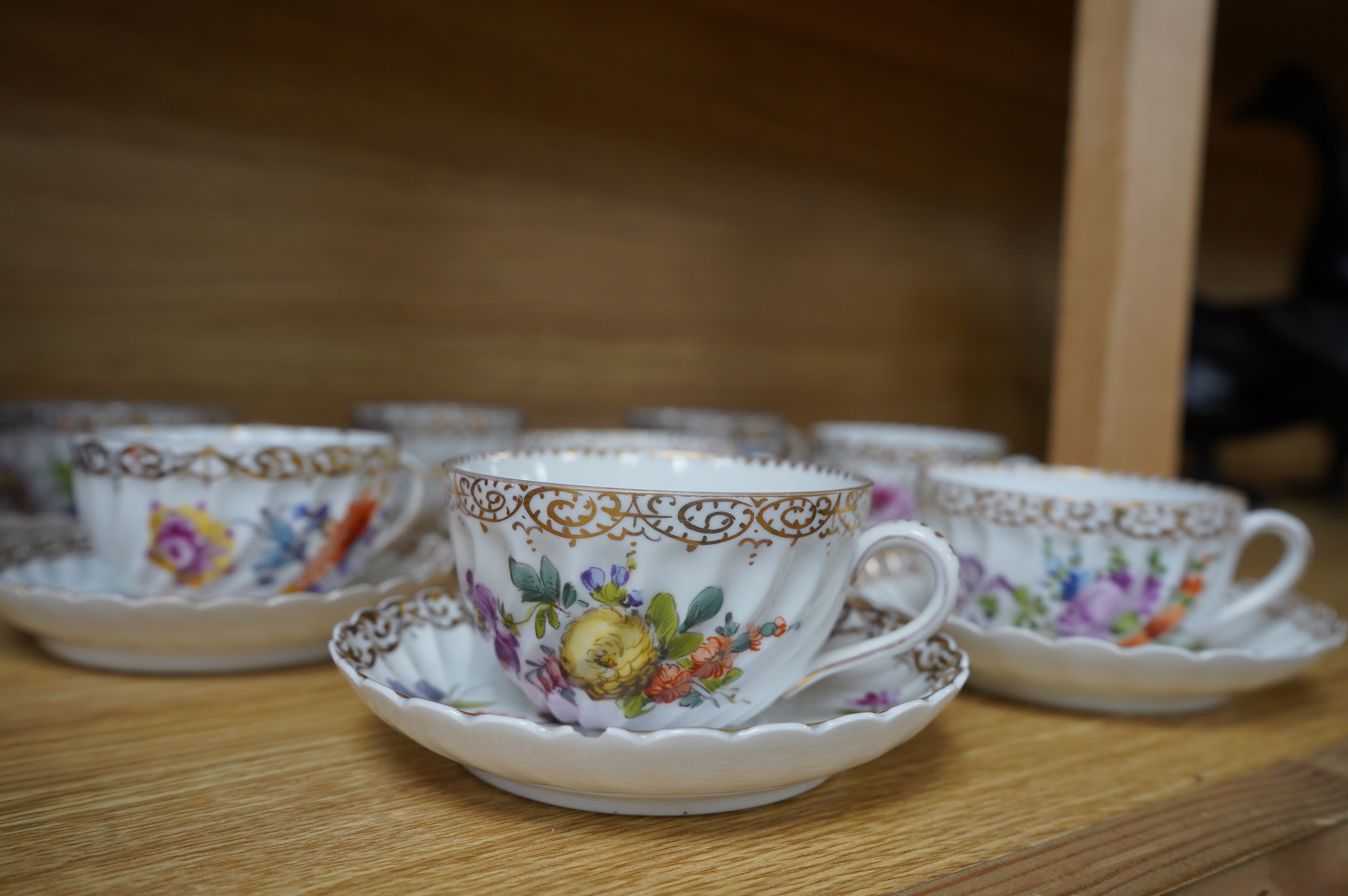 A Dresden floral decorated part tea set. Condition - fair